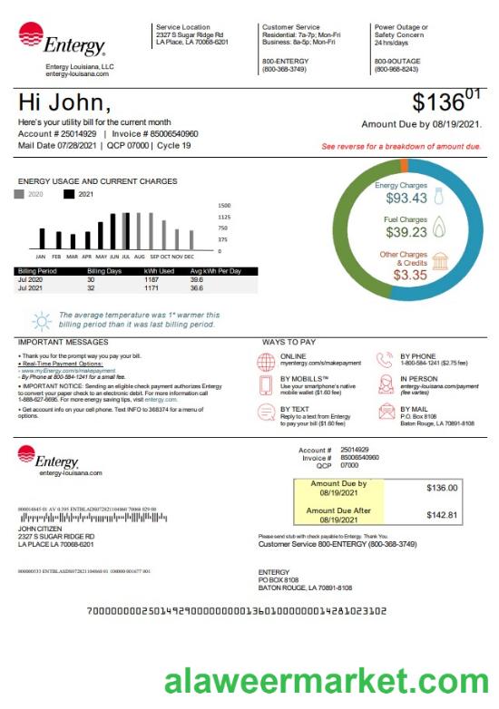 USA Louisiana Entergy utility bill template in Word and PDF format, version 2